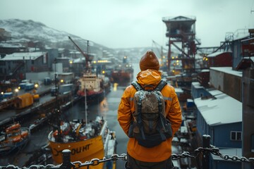 Fototapeta na wymiar Traveler Observing Snowy Industrial Port Scene