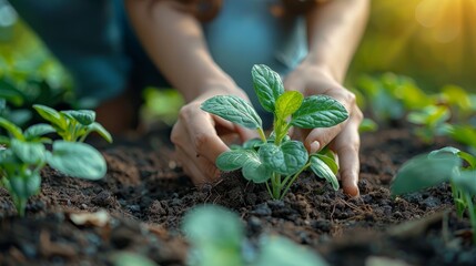 Hands planting a young seedling in fertile soil, nurturing growth.