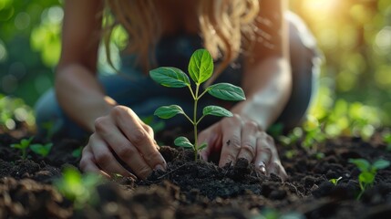 Close-up of hands nurturing a young plant in soil.