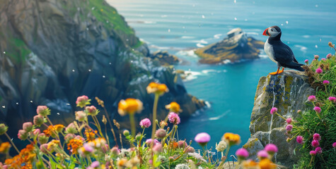 A cute puffin perched on the edge of an ocean cliff, overlooking beautiful blue waters and rugged cliffs covered in wildflowers.