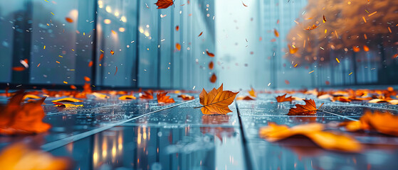 Rain-Speckled Autumn, A Canvas of Wet, Colorful Leaves Against a Window, Evoking a Cozy, Reflective Mood Amid Seasonal Showers