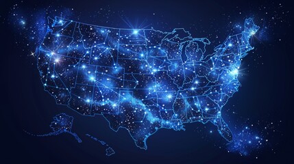 USA map made of bright glowing stars on dark space background
