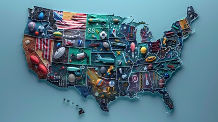 USA map collage with various sports and cultural icons on a textured backdrop
