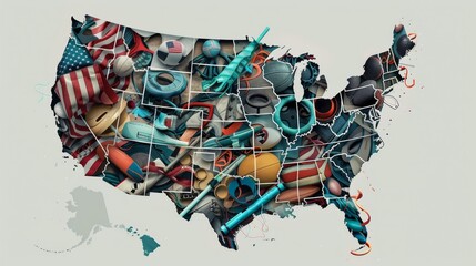 Collage of Sports Equipment Shaping the USA Map on a Beige Torn Paper Background

