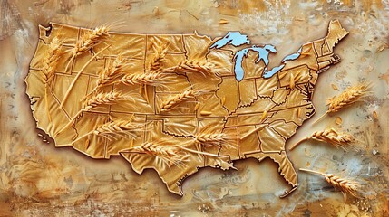 Textured Gold Foil USA Map with Wheat Ears on Grunge Background

