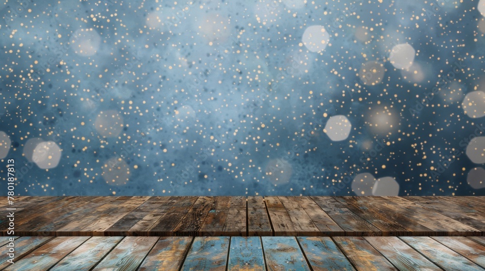 Poster holiday-inspired background with sparkling bokeh lights over a rustic wooden table surface.