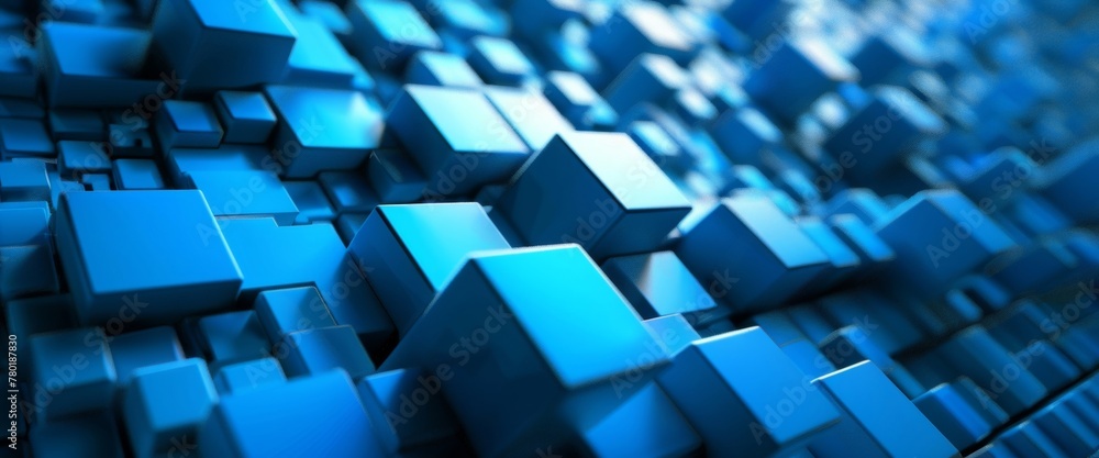 Poster a digital image featuring a multitude of blue cubes with a deep focus effect.