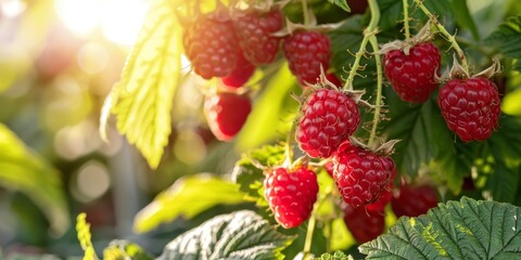 Sun-kissed ripe raspberries on the vine, ready for harvest against a green foliage background.