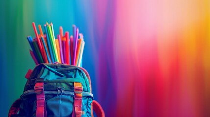 A backpack filled with school supplies against a vibrant rainbow background. - obrazy, fototapety, plakaty