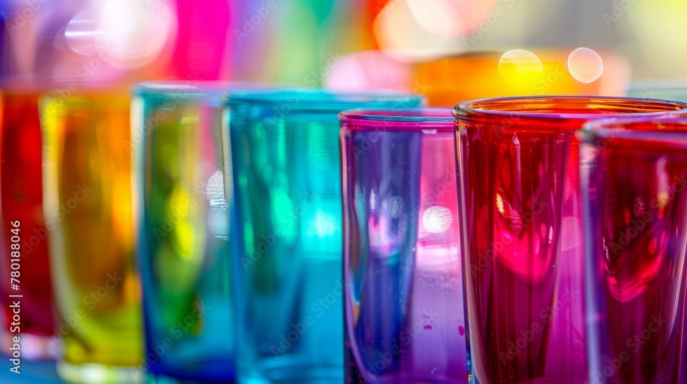 Poster a row of multi-colored glasses with a soft focus, creating a bright and cheerful backdrop.