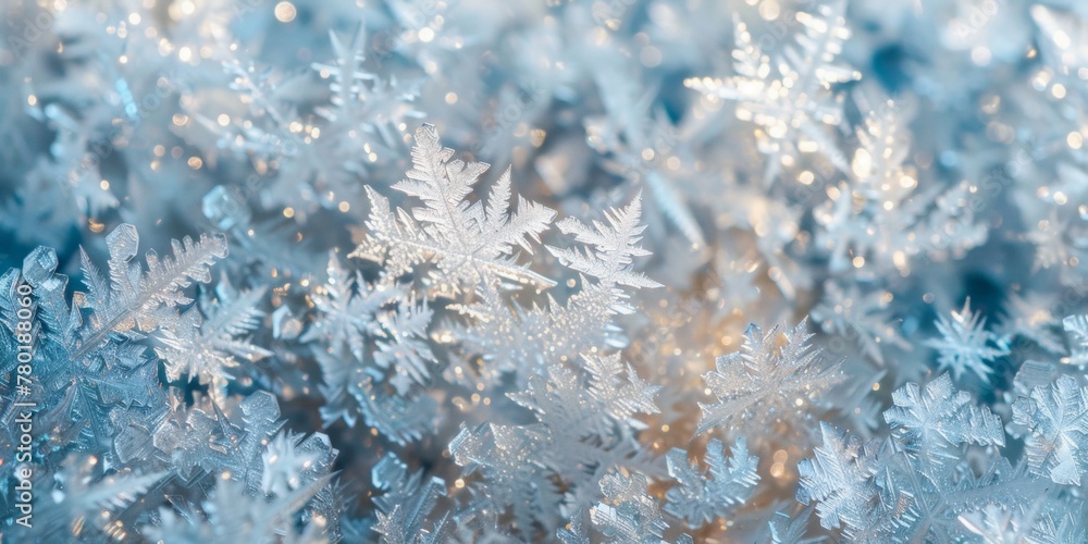 Aufkleber close-up view of delicate snowflakes showcasing their unique patterns and shimmering light reflectio
