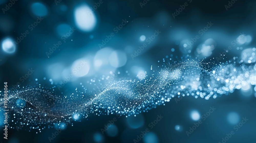 Poster digital illustration of dynamic blue particles forming a wave pattern, suitable for technology or sc