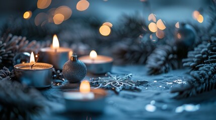 Lit tealight candles amidst seasonal Christmas decorations, with a soft bokeh light background enhancing the holiday spirit. - obrazy, fototapety, plakaty
