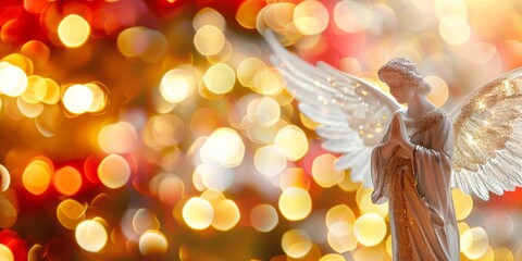 An angelic figurine with sparkling golden wings in prayer, set against a vibrant bokeh light...