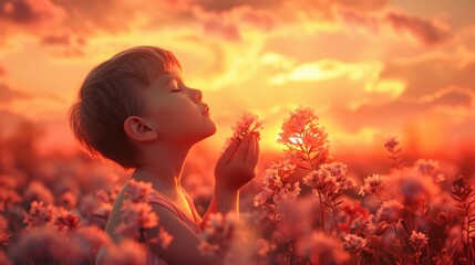 A young boy inhales the scent of flowers while enjoying a magical sunset in a field of blooms. - obrazy, fototapety, plakaty