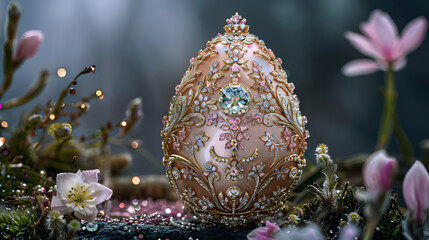 Obraz na płótnie Canvas a golden egg encrusted with jewels and flowers, surrounded by glimmering lights and flowers.