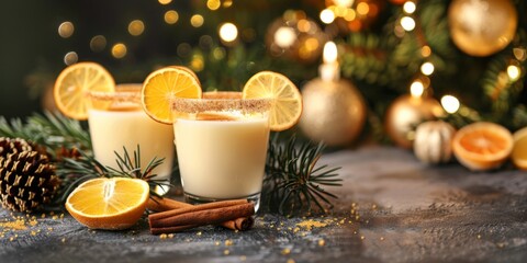 Christmas eggnog in glasses decorated with orange slices, surrounded by holiday decor.
