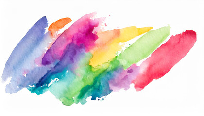 Bright colorful watercolor splash splatter stain brush strokes on white background. Modern vibrant aquarelle spot. Rainbow trendy isolated design on white. Element.