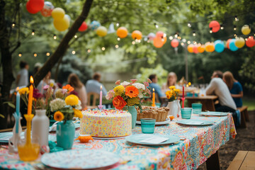 Festive outdoor birthday party setting with colorful balloons and a cake on the table. - Powered by Adobe