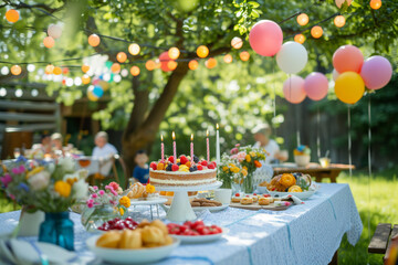Festive outdoor birthday party setting with colorful balloons and a cake on the table.