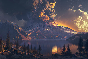 Fototapeta na wymiar Moonlit Resilience: The Destructive Spectacle and Lingering Calmness of the Mount Saint Helens Eruption