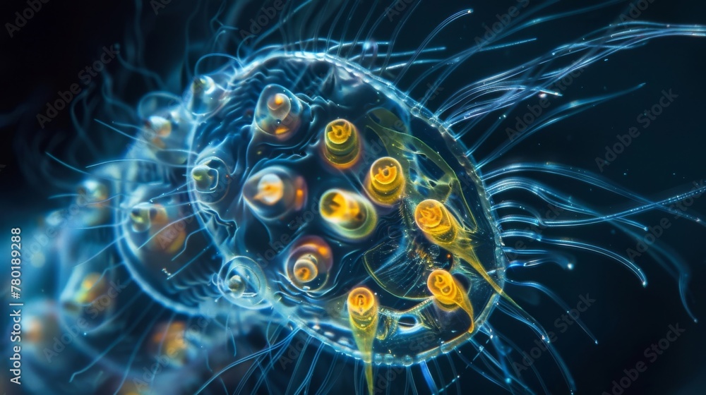 Poster a microscopic view of a rotifers system with tiny eggs visible inside its body. the complex process 