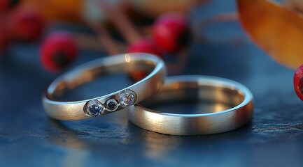 A pair of silver white gold diamond wedding rings on rocky textured stones