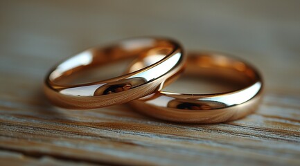A pair of  gold wedding rings on a wood textured table