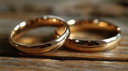 Obraz na płótnie Canvas A pair of golden wedding rings on wooden table