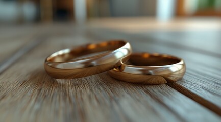 A pair of  gold wedding rings on a wood textured table