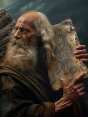 Naklejka premium God gave Moses the Ten Commandments on Mount Sinai, a pivotal moment in biblical history, divine revelation and moral guidance to Moses for the human spiritual journey.