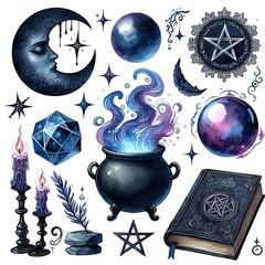 Watercolor clipart dark magic objects icons, white background