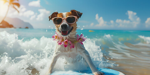 Jack Russell dog wearing glasses &  surfing on a wave sunny day summer Funny dog in sunglasses rides a surfboard on the ocean waves - obrazy, fototapety, plakaty