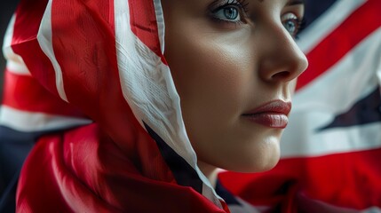 A portrait of a beautiful English woman highlighted by the vibrant colors of the United Kingdom flag. Naturally beautiful English woman in a sense of national pride. - obrazy, fototapety, plakaty
