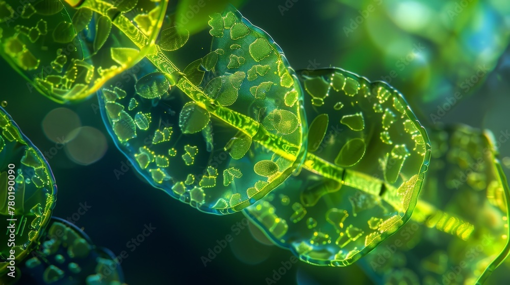 Poster microscopic view of a chloroplast undergoing photosynthesis with stacks of thylakoids surrounded by 