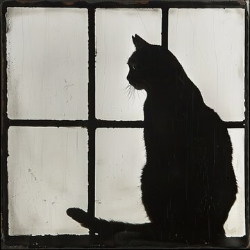 The silhouette of a cat sitting and gazing out a window