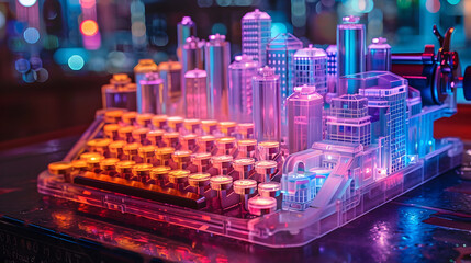 A city skyline made out of glowing red neon on top of a typewriter.