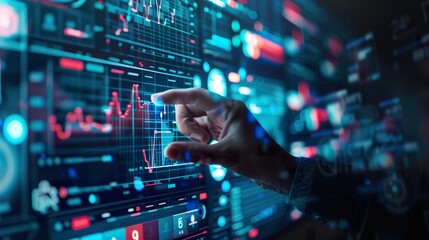 hand checking data with number on digital screen displaying of business technology