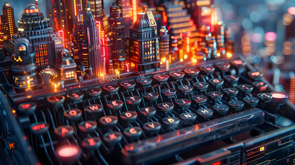 Fototapeta premium A city skyline made out of glowing red neon on top of a typewriter.