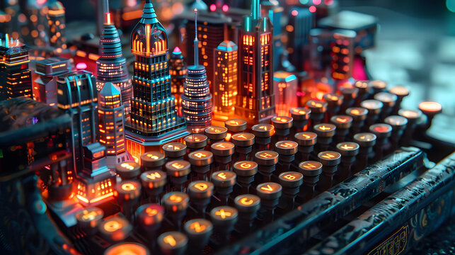 A city skyline made out of glowing red neon on top of a typewriter.