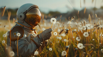 An astronaut in a field of dandelions holding a dandelion.