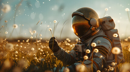 An astronaut in a field of dandelions holding a dandelion. - Powered by Adobe