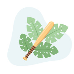 Baseball Bat flat design vector Illustration Icon decorated with leaves for web use for strike, game, competition