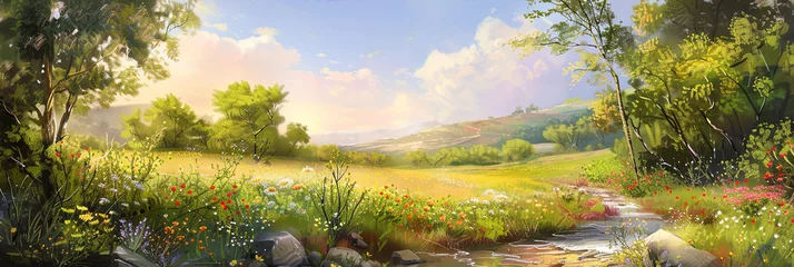 Ingelijste posters landscape painting of an idyllic countryside scene with rolling hills, generative AI © VALUEINVESTOR