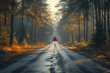 Hazard warning sign on a forest road in the rays of the morning sun. - obrazy, fototapety, plakaty
