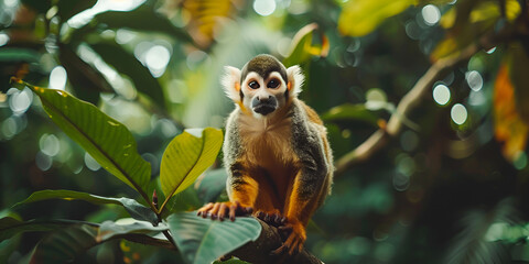 potrait of Squirrel Monkey on branch of tree animals in wilderness blur background