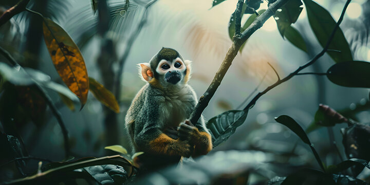 potrait of Squirrel Monkey on branch of tree animals in wilderness blur background