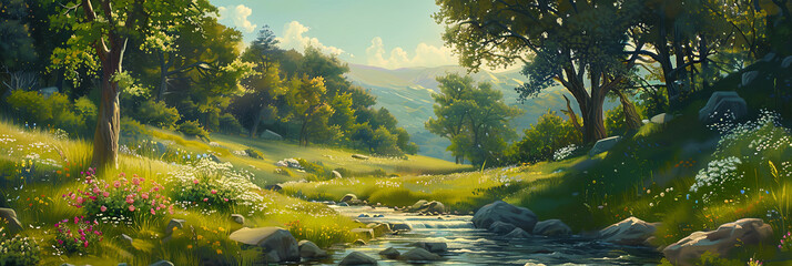 landscape painting of an idyllic countryside scene with rolling hills, generative AI - obrazy, fototapety, plakaty