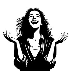 minimalist Photo of excited cheerful woman wear shirt smiling open mouth rising arms palms isolated vector black color silhouette, Black color silhouette png white background (16)