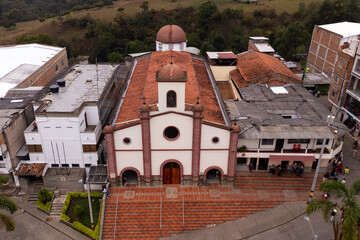 Caicedo, Antioquia - Colombia. March 17, 2024. Aerial view with drone, Our Lady of Mercedes Parish